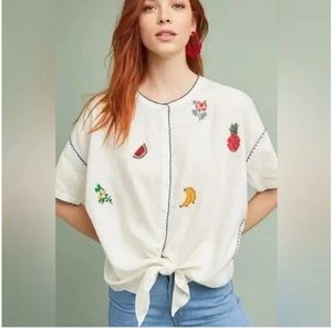 Anthropologie Women’s Intropia Fruit Embroidered Top White Size L Button Down
